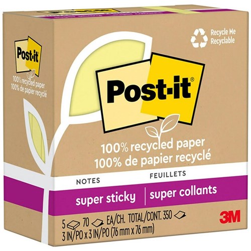 Post-it® Notes 100 654R-5SSCY Recycled Super Sticky 76x76mm Yellow, Pack of 5