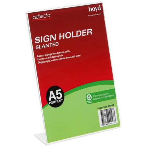 Deflecto L Shaped Slanted Sign Holder A5 Portrait Clear