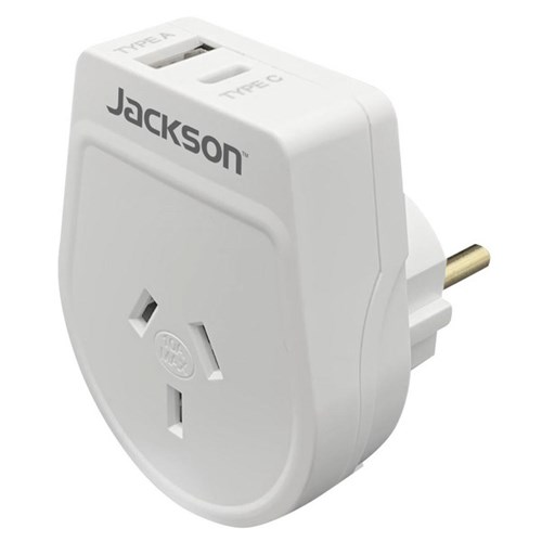 Jackson Slim Outbound Travel Adaptor NZ/AU to Europe/Bali Plug with USB Charging Ports