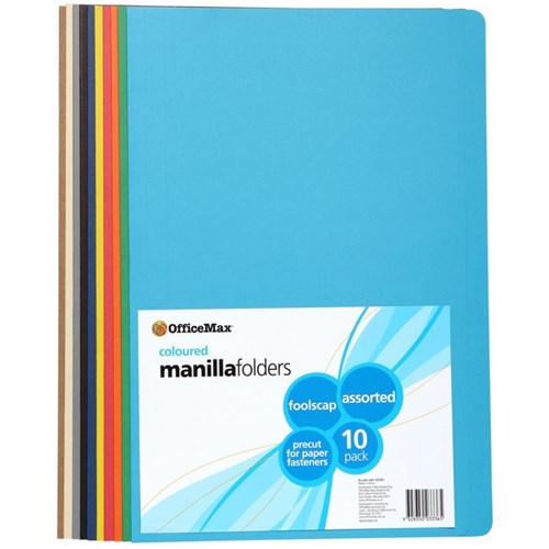 OfficeMax Manilla Folders Foolscap Assorted Colours, Pack of 10