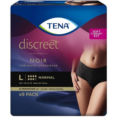 TENA Discreet Noir Continence Pants Women's Normal Low Waist Large, Carton of 3 Packs of 9