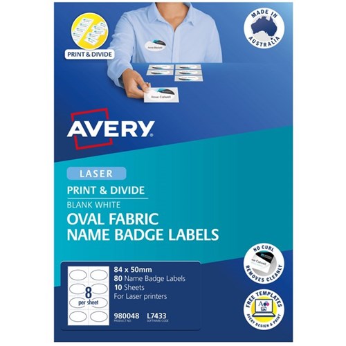 Avery Oval Name Badge Laser Labels L7433 White Fabric 8 Per Sheet