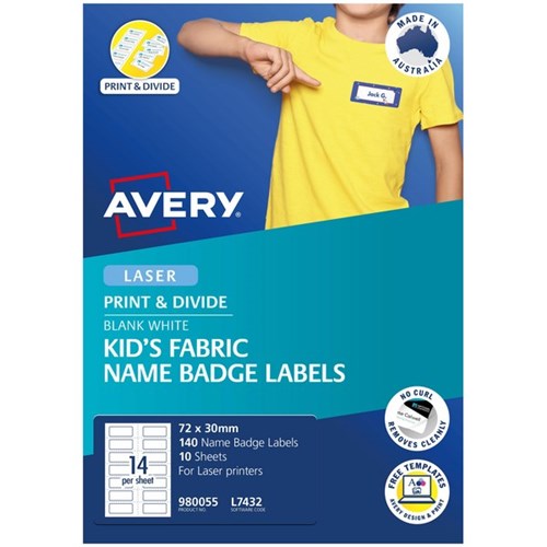 Avery Kids Name Badge Laser Labels L7432 White Fabric 14 Per Sheet