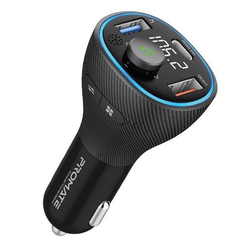 Promate Wireless In-Car FM Transmitter USB-C & USB-A Ports 38W Black