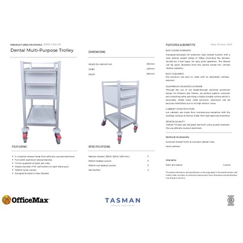 Tasman Dental Slimline Multi-Purpose Medical Trolley