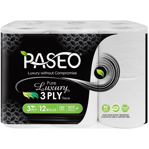 Paseo Pure Luxury Toilet Tissue Paper Rolls 3 Ply 180 Sheets White, Pack of 12