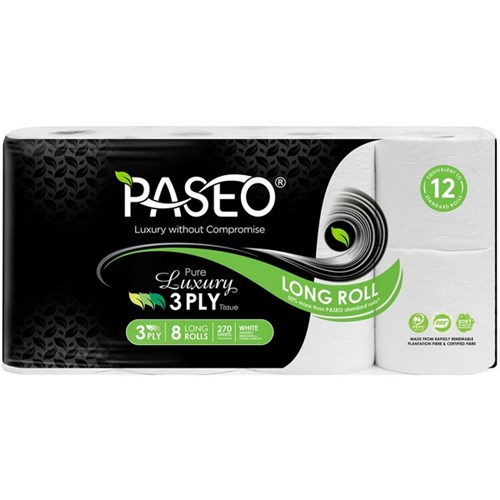 Paseo Pure Luxury Toilet Tissue Paper Long Rolls 3 Ply 270 Sheets White, Pack of 8