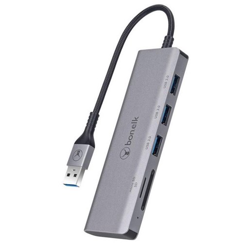 Bonelk Long-Life USB-A to 3 Port USB 3.0 + SD/Micro SD Reader Hub Space Grey