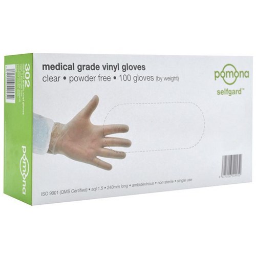 Pomona Selfgard Vinyl Disposable Gloves Powder Free Medical Grade Clear Medium, Pack of 100