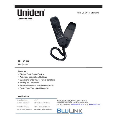 Uniden FP1100BLK Slimline Mountable Corded Phone Black