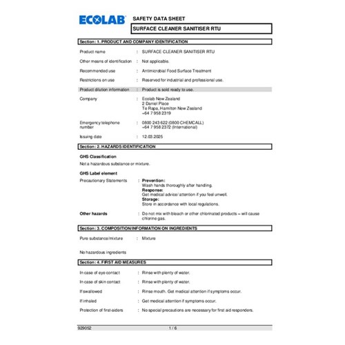 Ecolab Surface Cleaner Sanitiser RTU 750ml