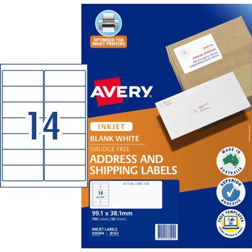 Avery Quick Peel Address Inkjet Labels J8163 14 Per Sheet 50 Sheets