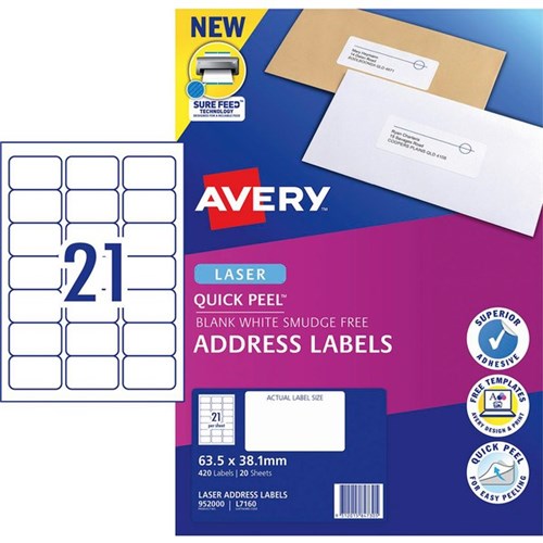 Avery Quick Peel Address Laser Labels L7160 White 21 Per Sheet