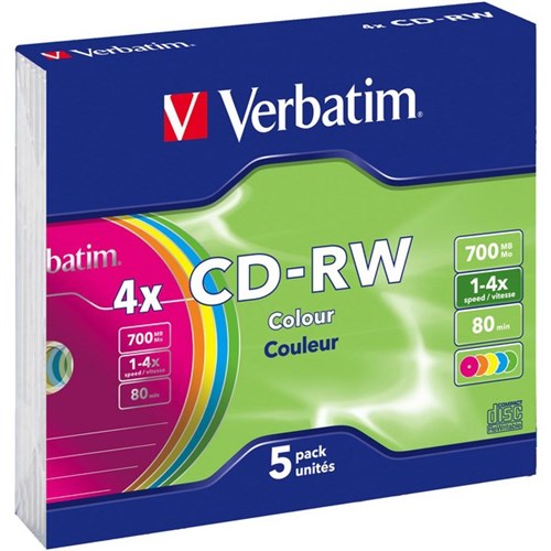 Verbatim CD-RW Rewritable Media 4X 80Min Slim Case, Pack of 5