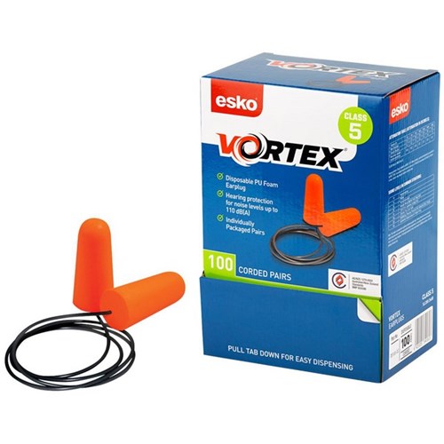 Esko Vortex Corded Earplugs Class 5 Bullet Shape, Box of 100 Pairs