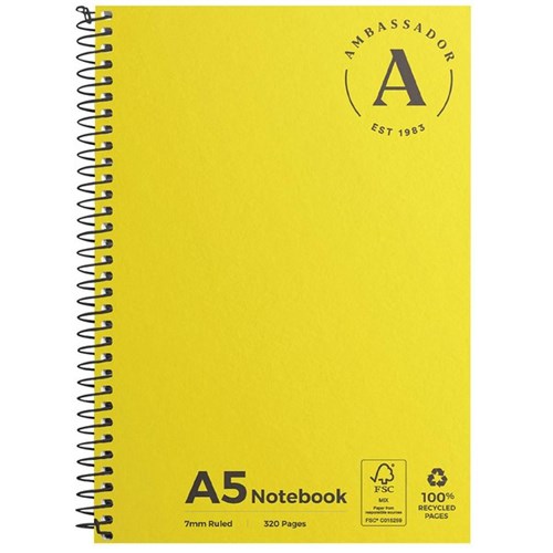 Ambassador A5 Spiral Notebook FSC 7mm Ruled 320 Pages Yellow