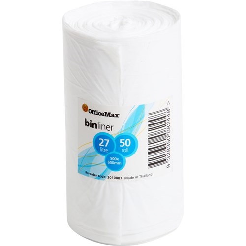 OfficeMax Bin Liner Plastic White 500 x 650mm 14 Micron 27L, Roll of 50