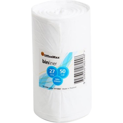 OfficeMax Bin Liner Plastic White 500 x 650mm 14 Micron 27L, Roll of 50