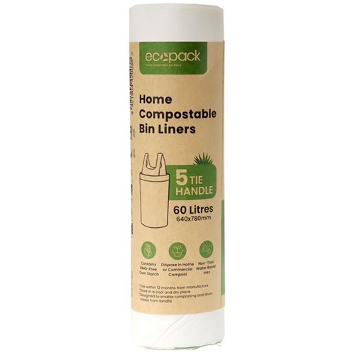 Ecopack Home Compostable Bin Liners 60L, Roll of 5