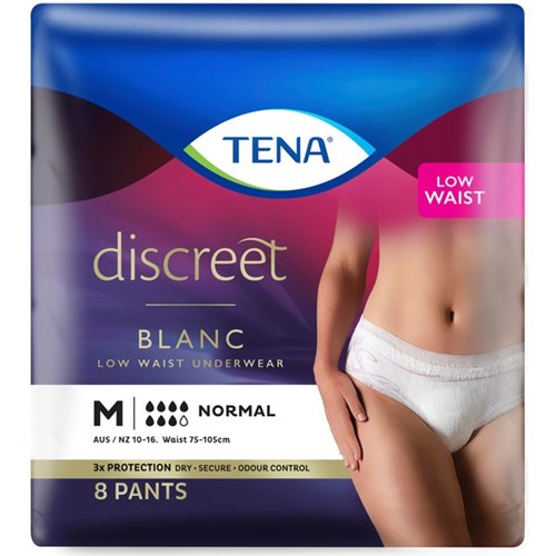 TENA Discreet Blanc Continence Pants Women's Normal Low Waist Medium, Pack of 8