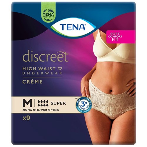 TENA Discreet Creme Continence Pants Women's Super High Waist Medium, Pack of 9