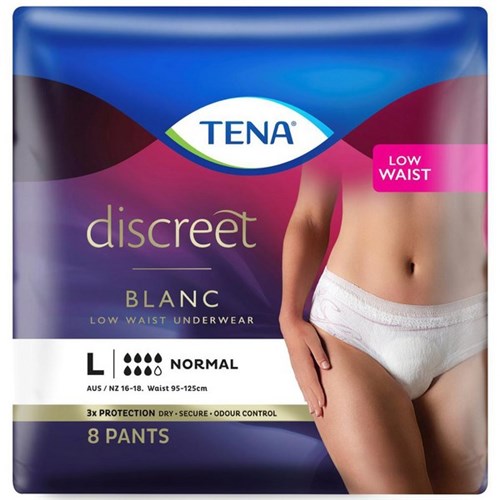 TENA Discreet Blanc Continence Pants Women's Normal Low Waist Large, Pack of 8