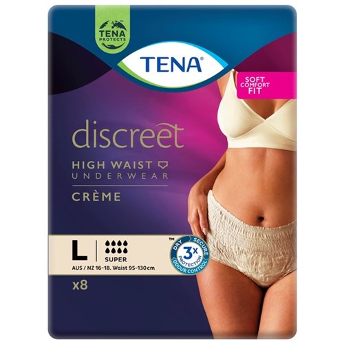 TENA Discreet Creme Continence Pants Women's Super High Waist Large, Pack of 8