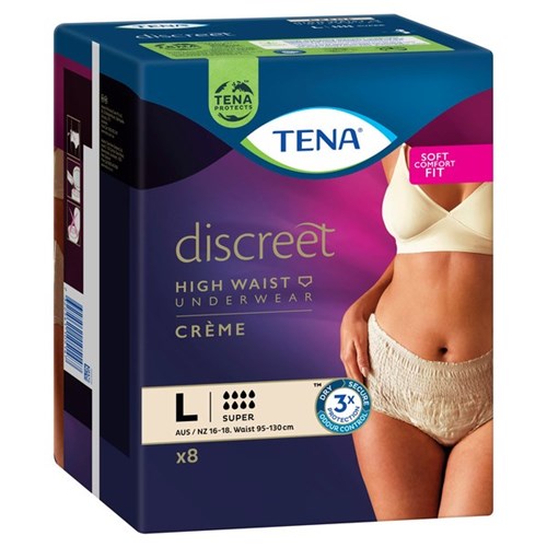 TENA Discreet Creme Continence Pants Women's Super High Waist Large, Pack of 8