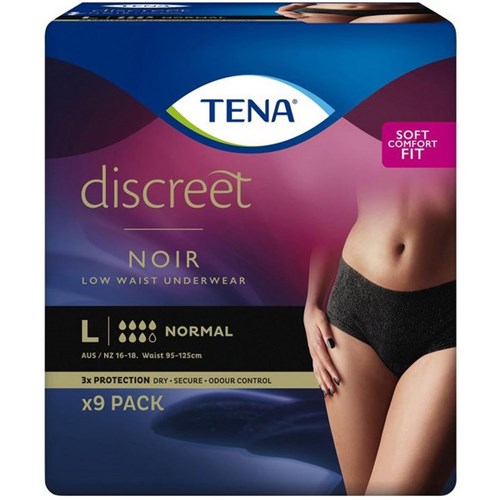 TENA Discreet Noir Continence Pants Women's Normal Low Waist Large, Pack of 9