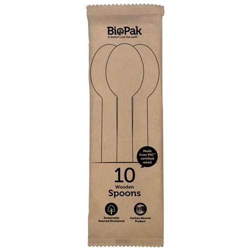 BioPak Disposable Wooden Spoons 160mm, Pack of 10