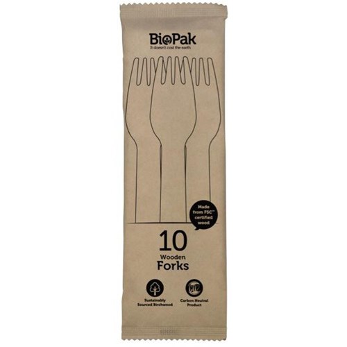 BioPak Disposable Wooden Forks 160mm, Pack of 10