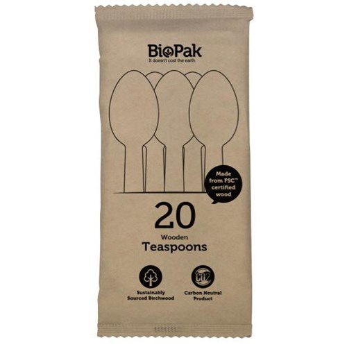 BioPak Disposable Wooden Teaspoons 100mm, Pack of 20