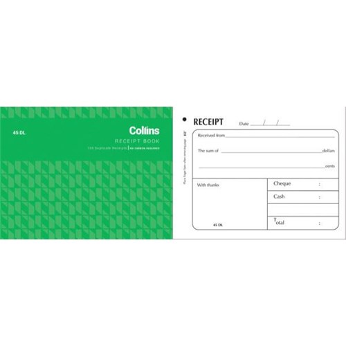 Collins 45DL Receipt Book NCR  Duplicate Set of 100