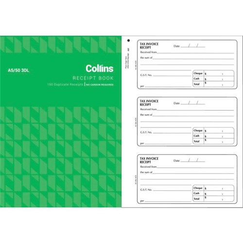 Collins A5/50 3DL Receipt Book NCR Duplicate Set of 150