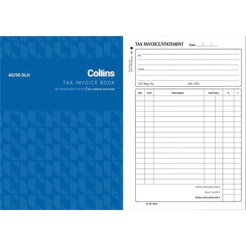 Collins A5/50DLH Top Opening Tax Invoice Book NCR Duplicate, Set of 50