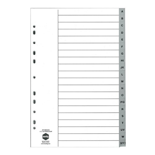 Marbig Indices Dividers 20 Tab A-Z Foolscap Polypropylene Grey