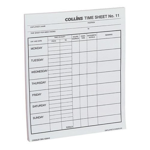 Collins No.11 Time Sheet Pad 100 Sheets