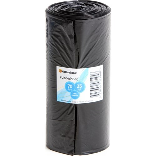 OfficeMax Rubbish Bags Plastic Black Large 720 x 950mm 30 Micron 70L, Roll of 25