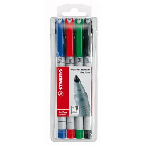 Stabilo OHP Assorted Colours Non-Permanent Pens Medium Tip, Pack of 4