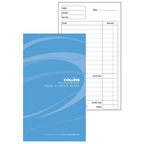 Collins Food & Drink Docket Book 100x190mm NCR Triplicate, Set of 50