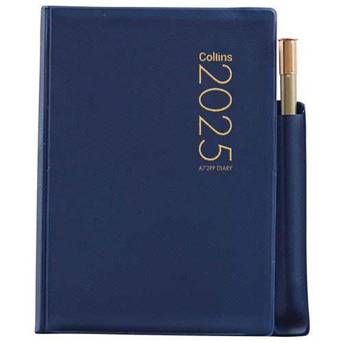 Collins A72 Pocket PVC Diary With Pencil 2 Days Per Page 2025 Blue