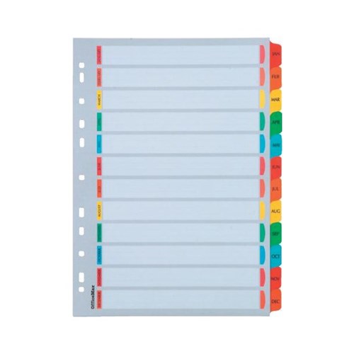 OfficeMax Index Dividers 12 Tab Jan-Dec Reinforced A4 Cardboard Coloured