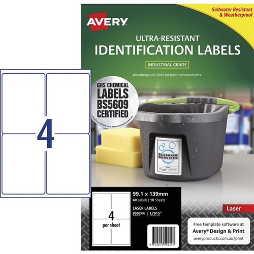 Avery Ultra Resistant Identification Laser Labels L7915 White 4 Per Sheet