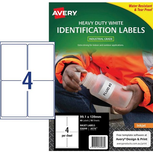 Avery Heavy Duty Identification Inkjet Labels J4774 White 4 Per Sheet