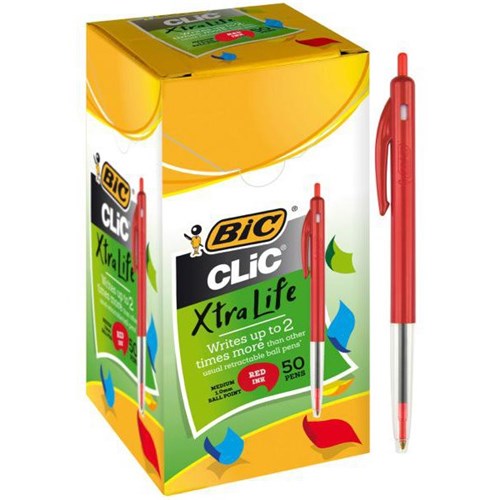 BIC Clic Red Ballpoint Pens 1.0mm Medium Tip Red Barrel, Box of 50