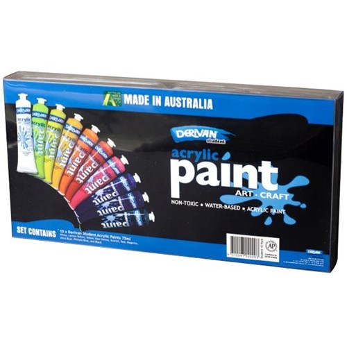 Derivan Student Acrylic Paint 75ml, Pack of 10