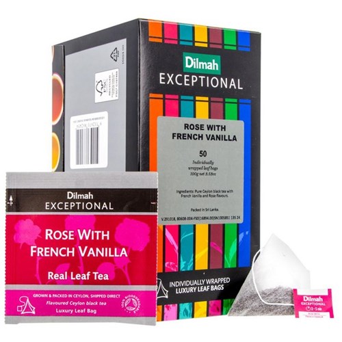 Dilmah Exceptional Rose With French Vanilla Individually Wrapped Luxury Leaf Tea Bags, Box of 50