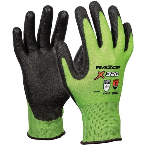 Razor X320 Hi Vis Gloves Cut 3 Green, Pack of 12 Pairs