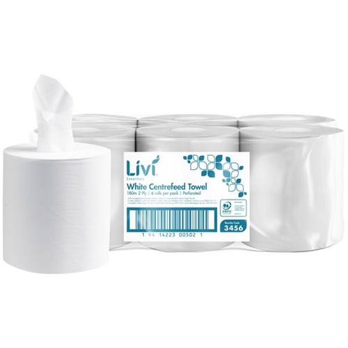Livi Essentials Paper Towel Roll Centre Feed 2 Ply White 180m, Carton of 6