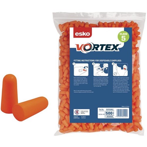 Esko Vortex Disposable Earplugs Class 5 Uncorded Orange, Pack of 500 Pairs